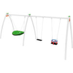 Altalena in acciaio con sedile classico, cestone e sedile a culla. Gioco inclusivo.
